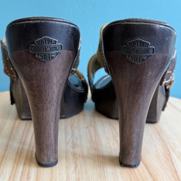 Vintage Womens Harley-Davidson 9 Platform Sandals Open Toe High Heel Olive Green - Picture 10 of 15